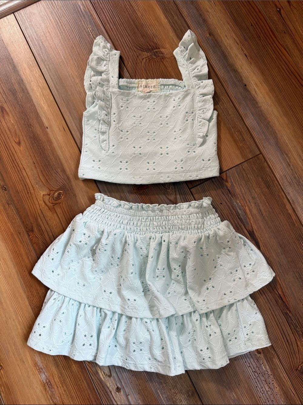 btween Light Mint Green Eyelet Ruffle Two-Piece Matching Set